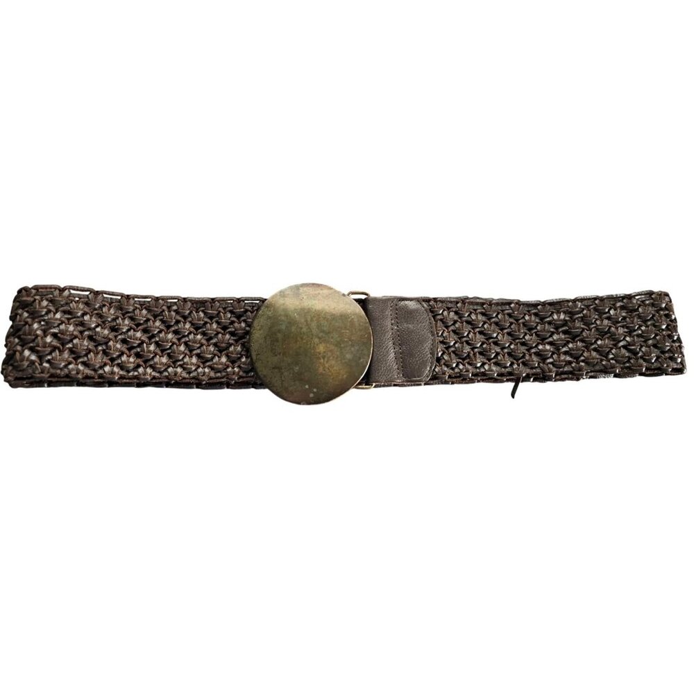 Vintage Brown Woven Leather Belt With Large Brass Oval Buckle 42" Long